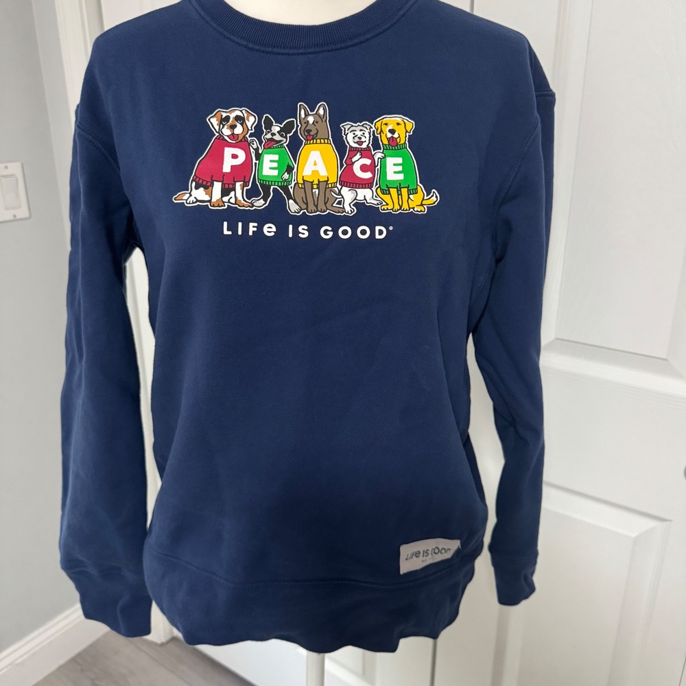 Life Is Good Womens Peace Dogs Graphic Crewneck Sweatshirt Navy Blue Medium